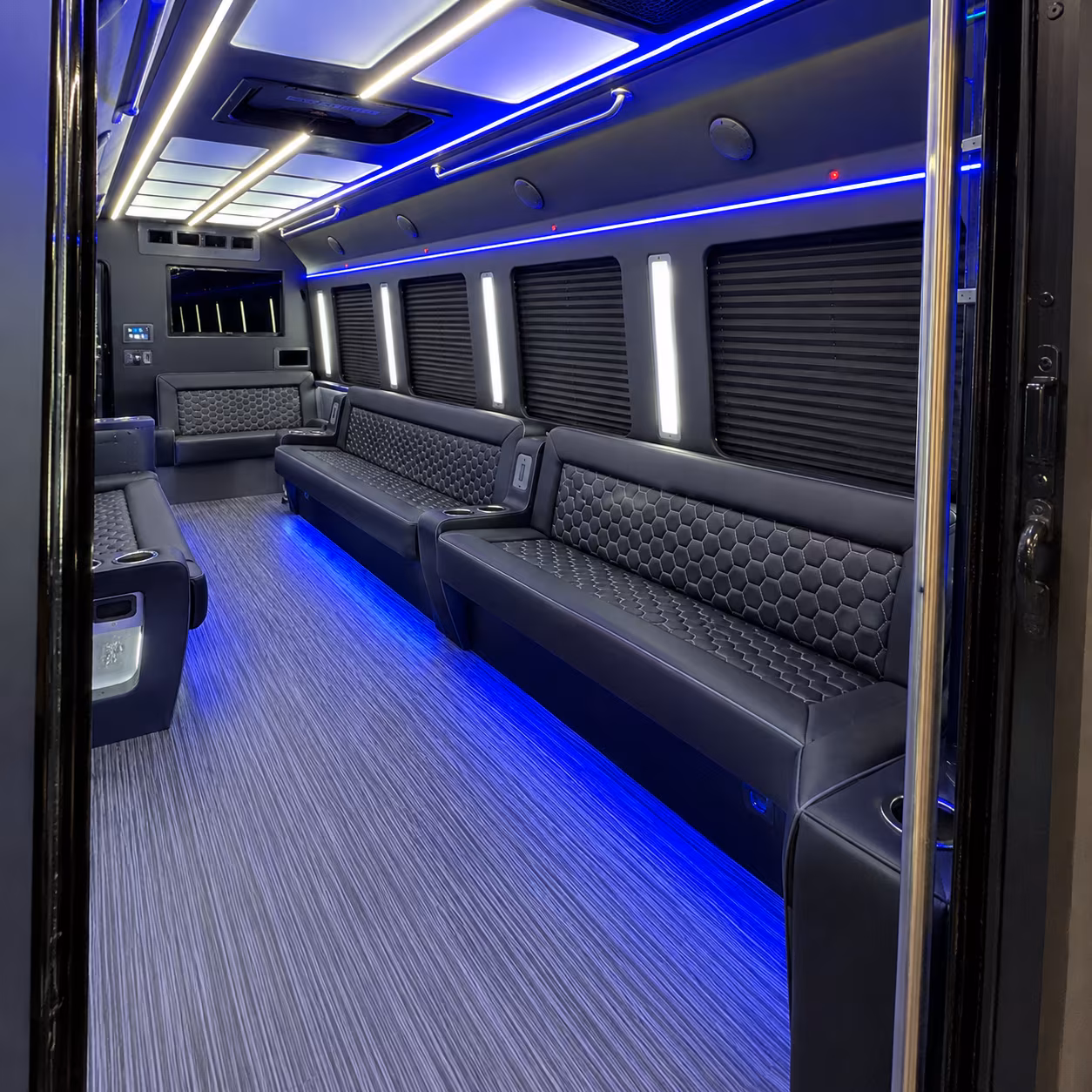 Passenger seating aboard a party bus rental serving Irvine
