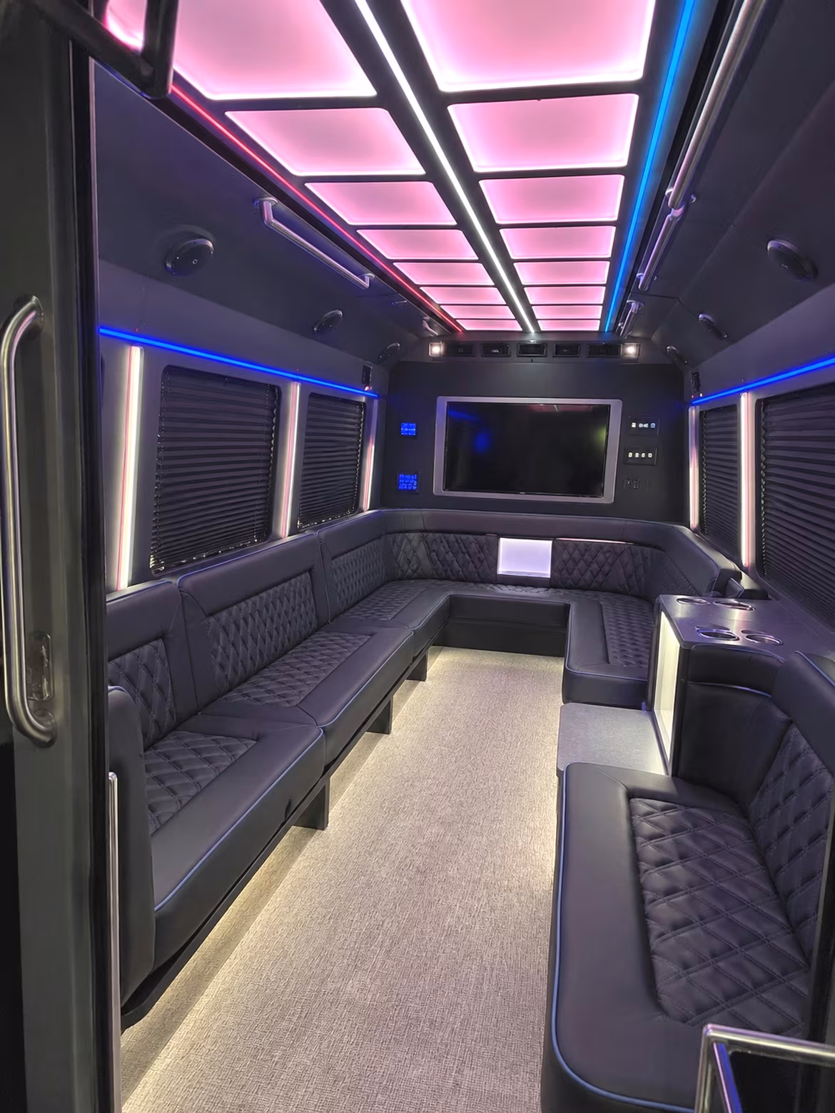 Interior of a party bus rental serving Irvine